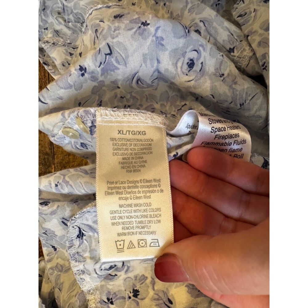 Eileen West Blue White Floral Nightgown XL Cotton Midi 3/4 Sleeves Lace Trim - Picture 5 of 9